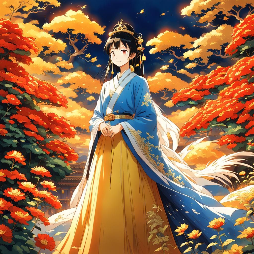 Chinese Princess in Ghibli Style Garden