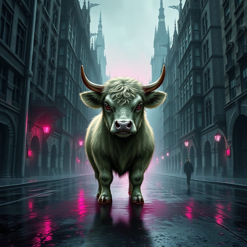 Dystopian Medieval City: Menacing Fluffy Cow