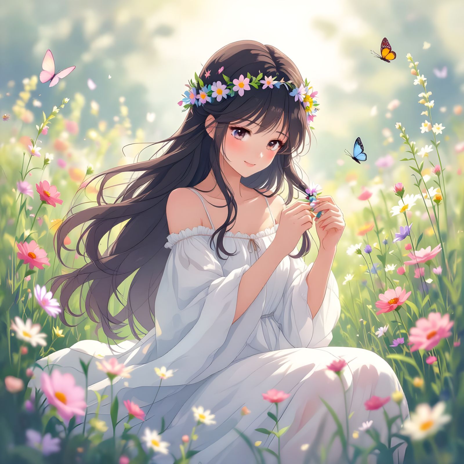 Anime Girl Braiding Flower Crown in Ghibli Style