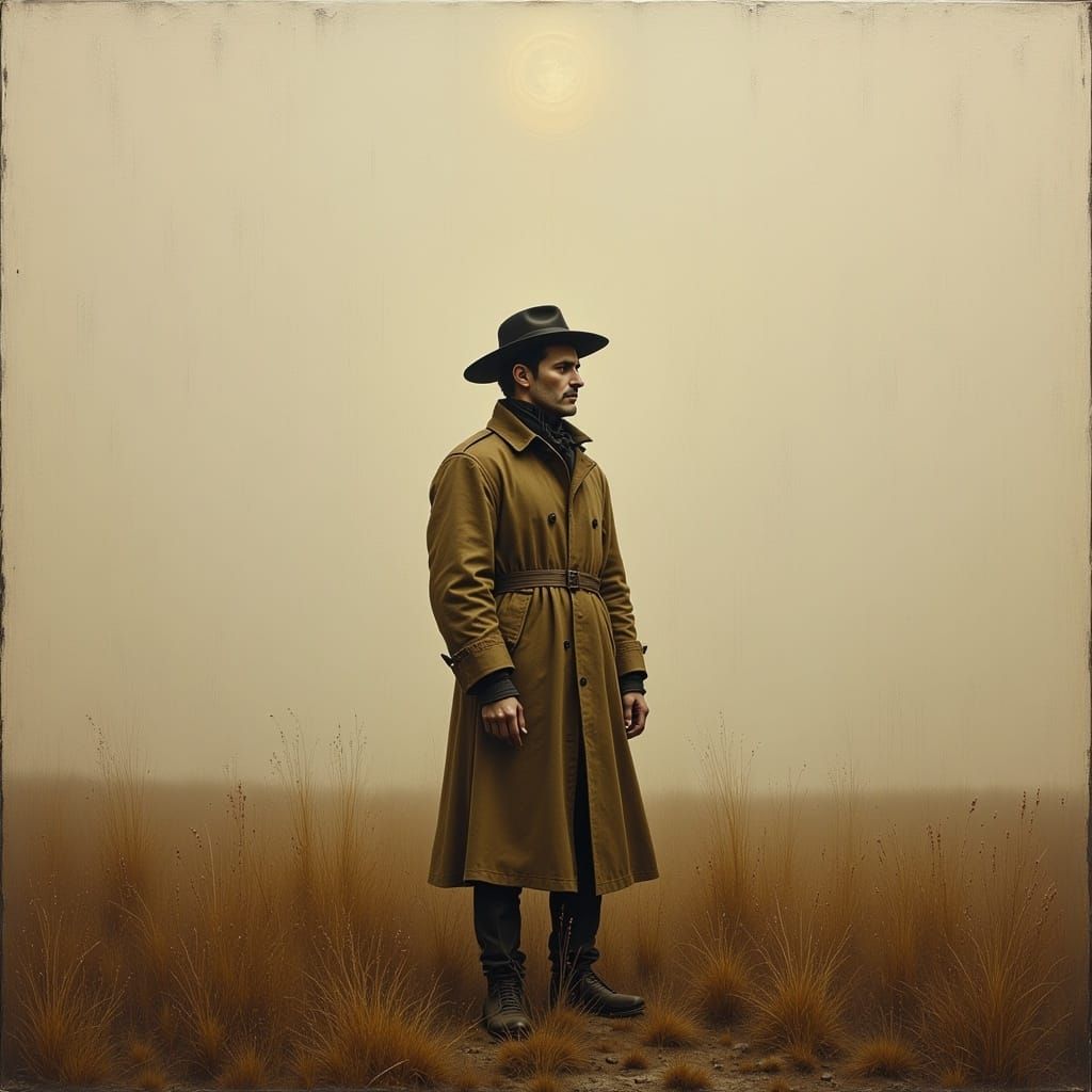 Misty Landscape with Man in Gritty Painting Style