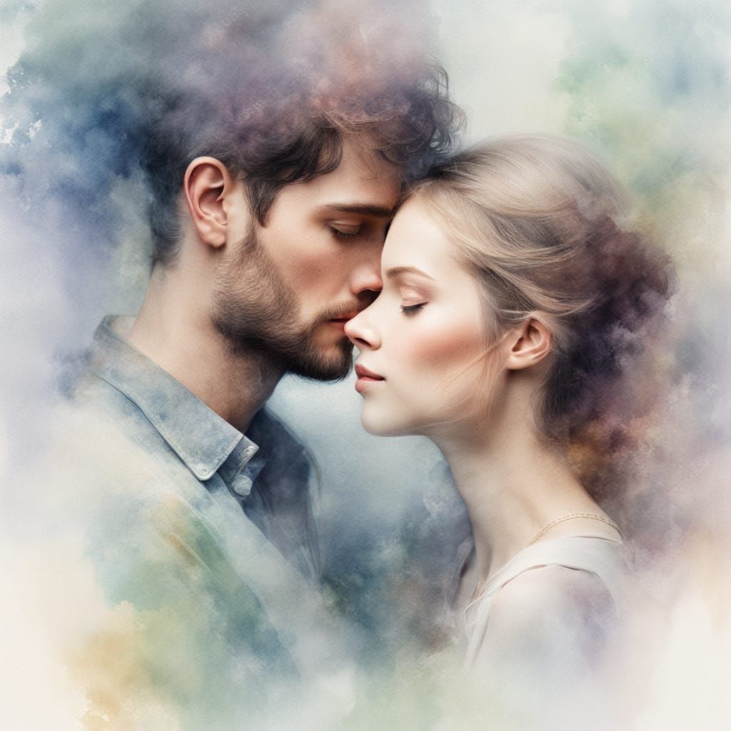 Romantic Couple Embrace in Mist: Watercolour Painting