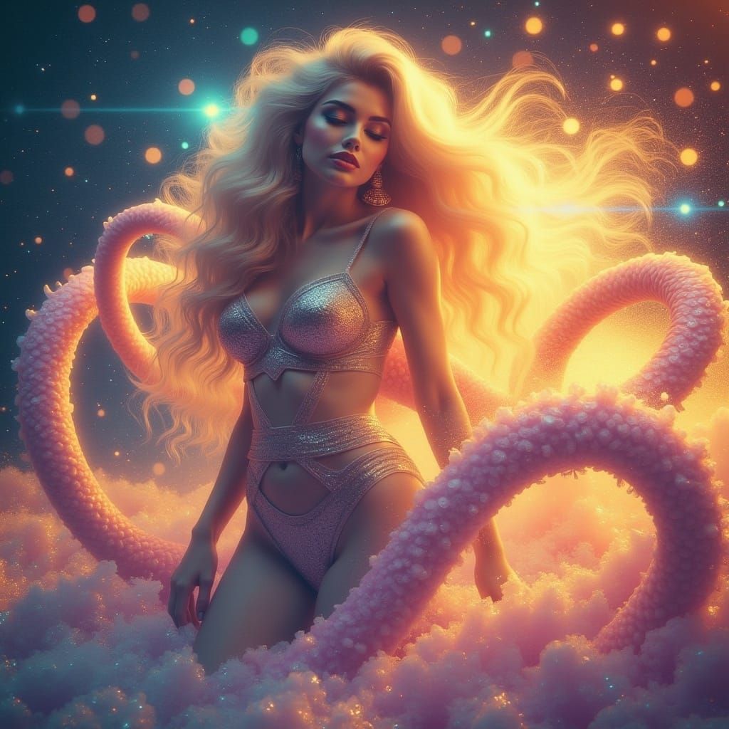 Ethereal Blond Woman in Neon Dreamscape