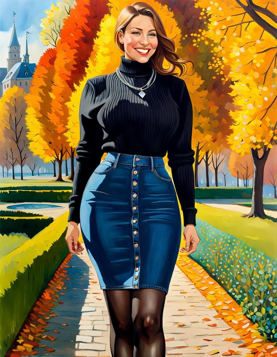 Elegant Woman in Park, Oil Painting Style