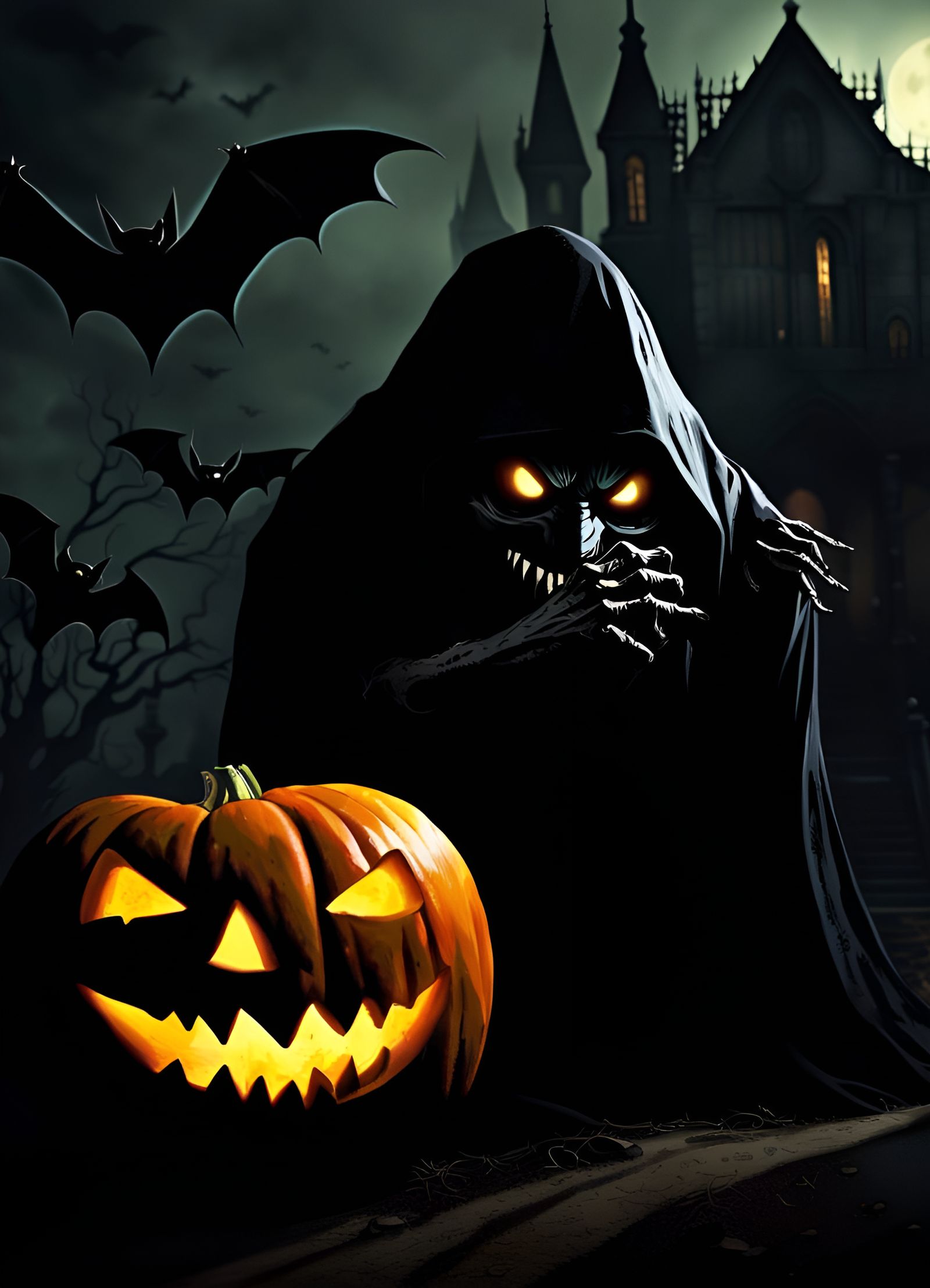 Nightmarish Halloween Scene with Bats and Goblins