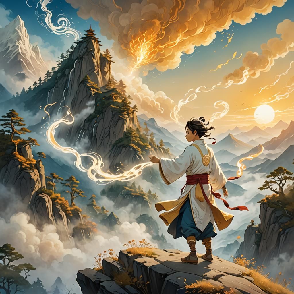 Airbender in Misty Mountains, Fantasy Illustration