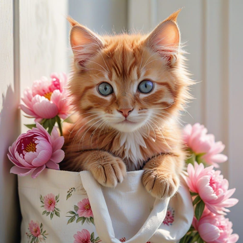 Red Kitten in Bag with Peonies Watercolor