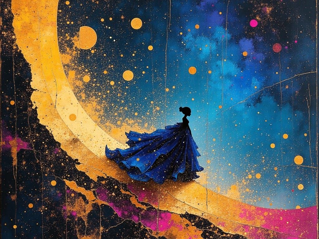 Psychedelic Alien in Laser Gown Striding Across Meteor