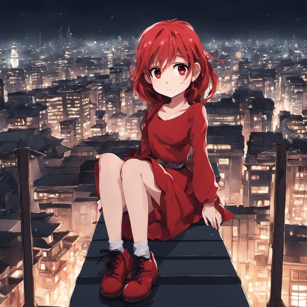Chibi Redhead Sits Atop Building at Night