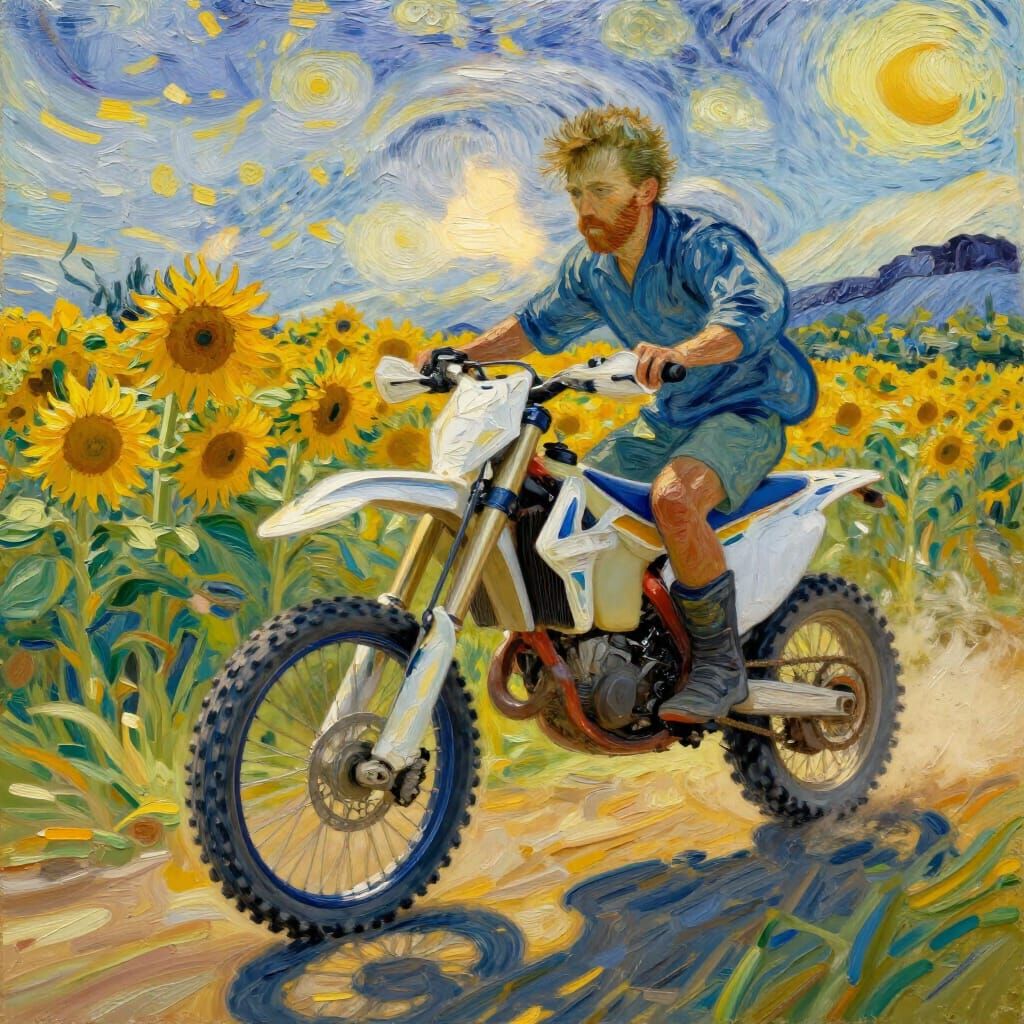 Van Gogh Style Rider on Motocross Bike in Sunflower Field