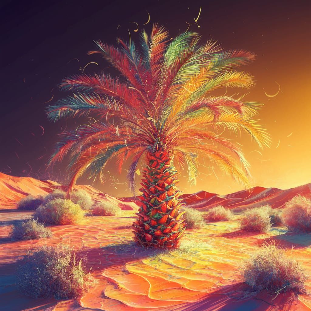 Vibrant Palm Tree in Surreal Snowy Desert Landscape