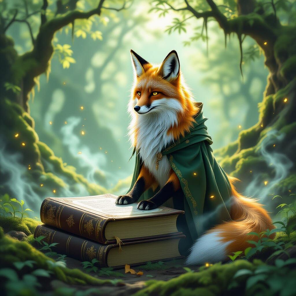 Mystical Fox Spirit Guards Ancient Tome in Sunlit Clearing
