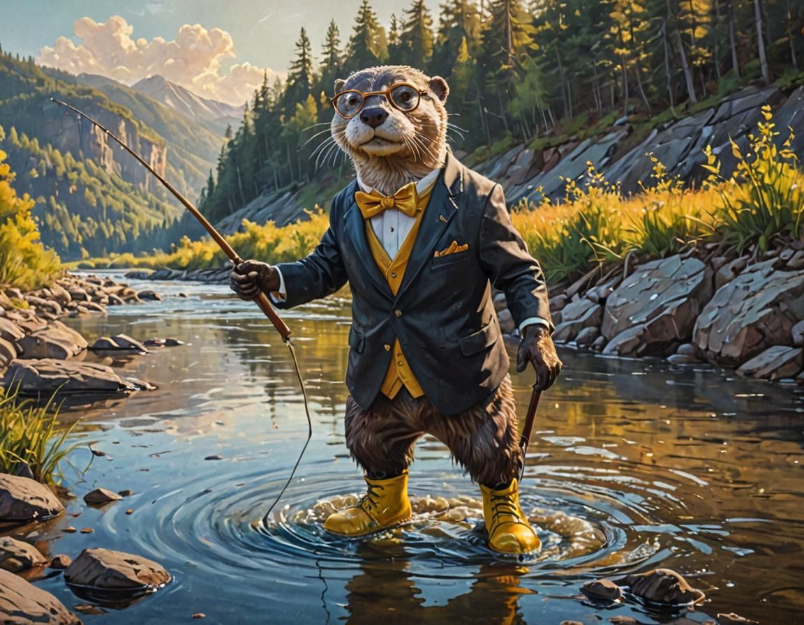 Steampunk Otter Fishing as Acrylic Impasto Painting