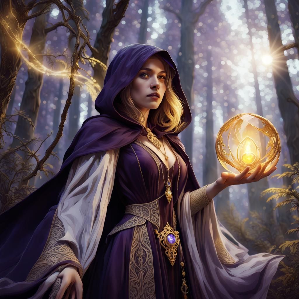 Mystical Woman with Orb in Dark Fantasy Forest