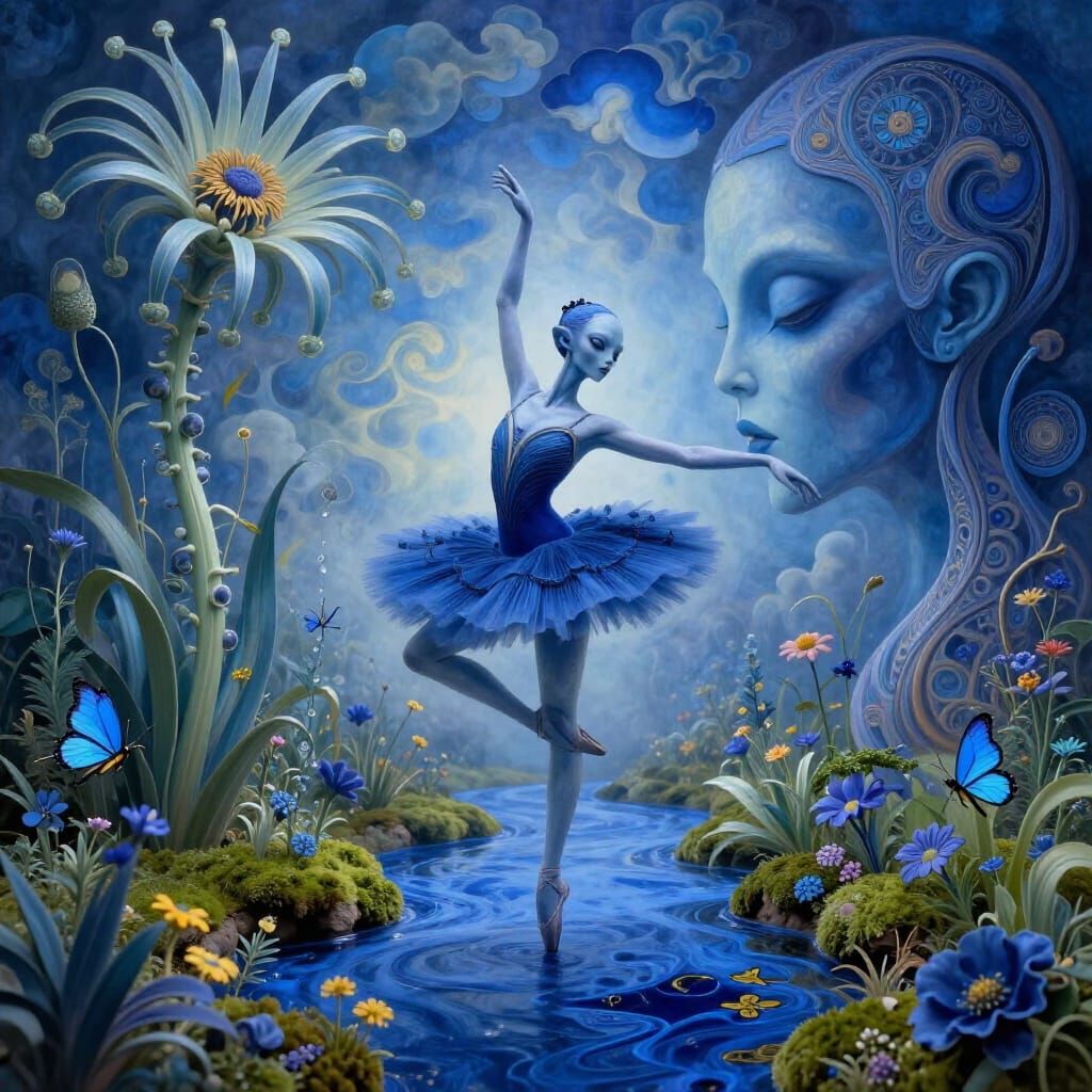 Art Deco Alien Ballerina in Blue Wildflower Creek