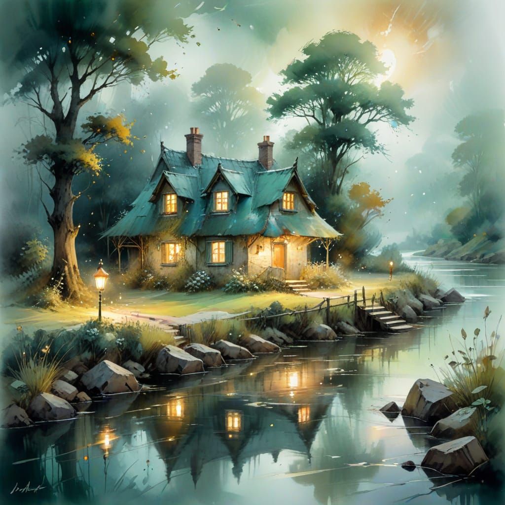 Whimsical Cottage Landscape in Watercolour Style
