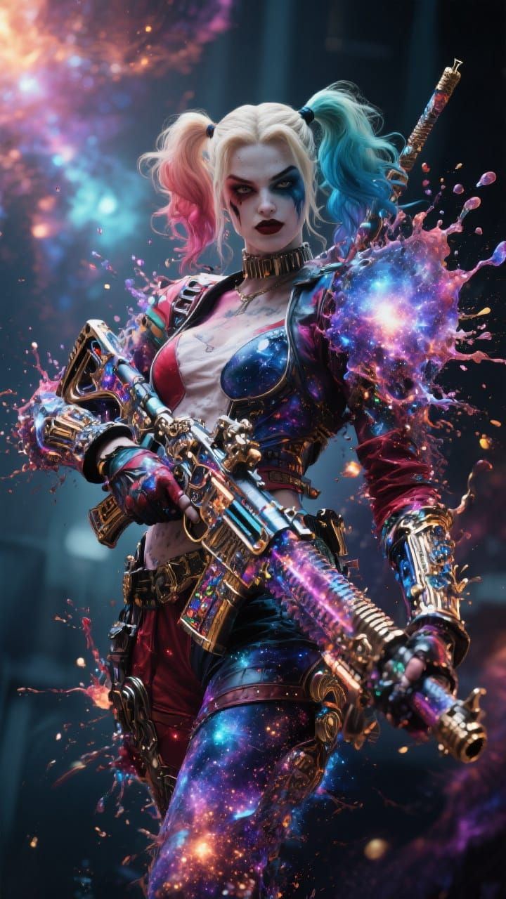 Maximalist Nebula Harley Quinn Warrior with Detailed Weapons