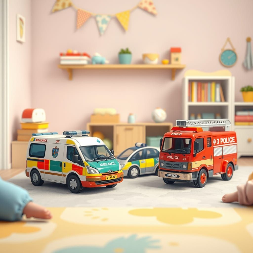 Toy Emergency Vehicles in Playroom, Watercolour Illustration