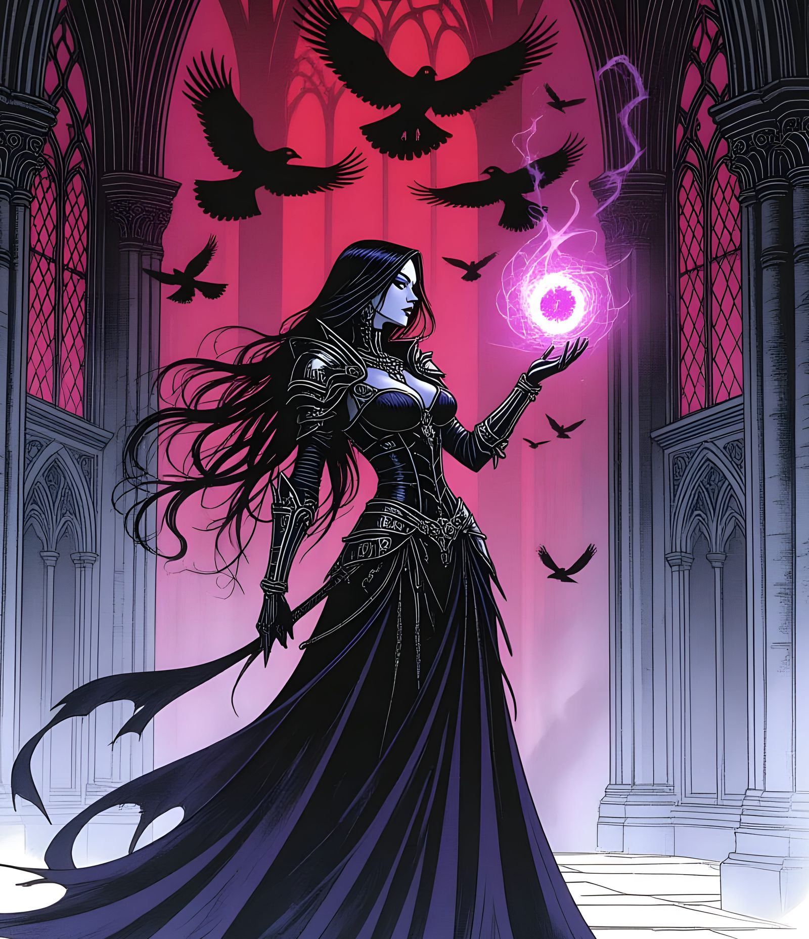 Cybernetic Sorceress Casting Spell in Gothic Cathedral