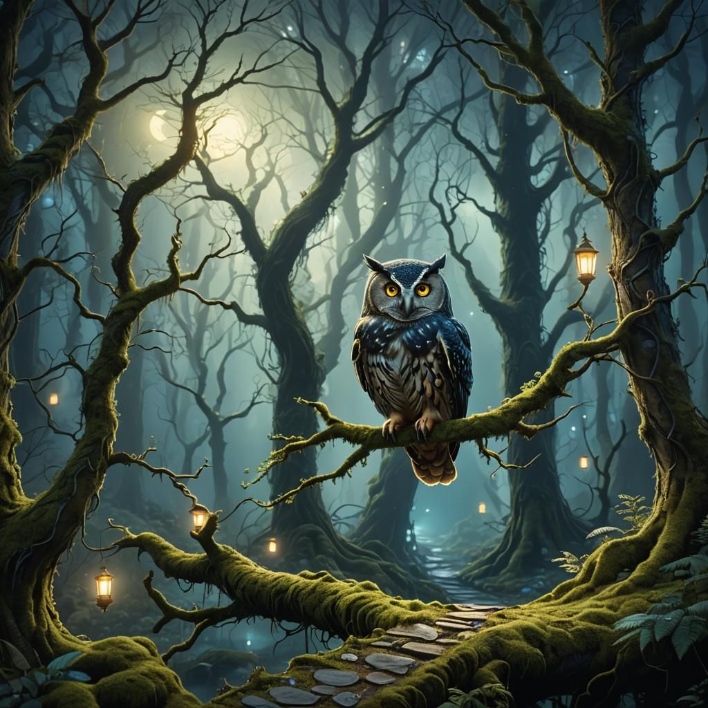 Mystical Forest Path with Glowing Creatures, Digital Paintin...