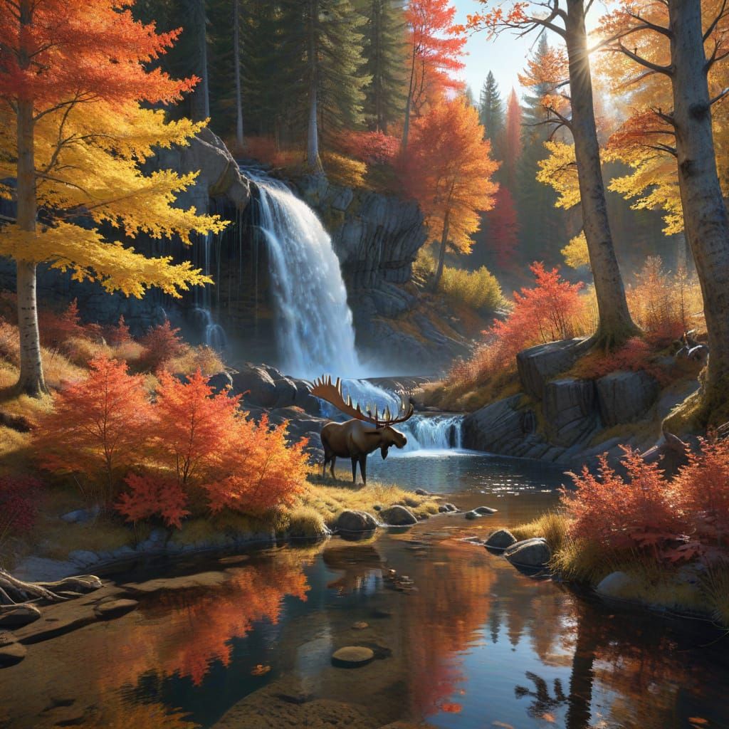 Autumn Waterfall Scene with Moose and Hidden Hunter