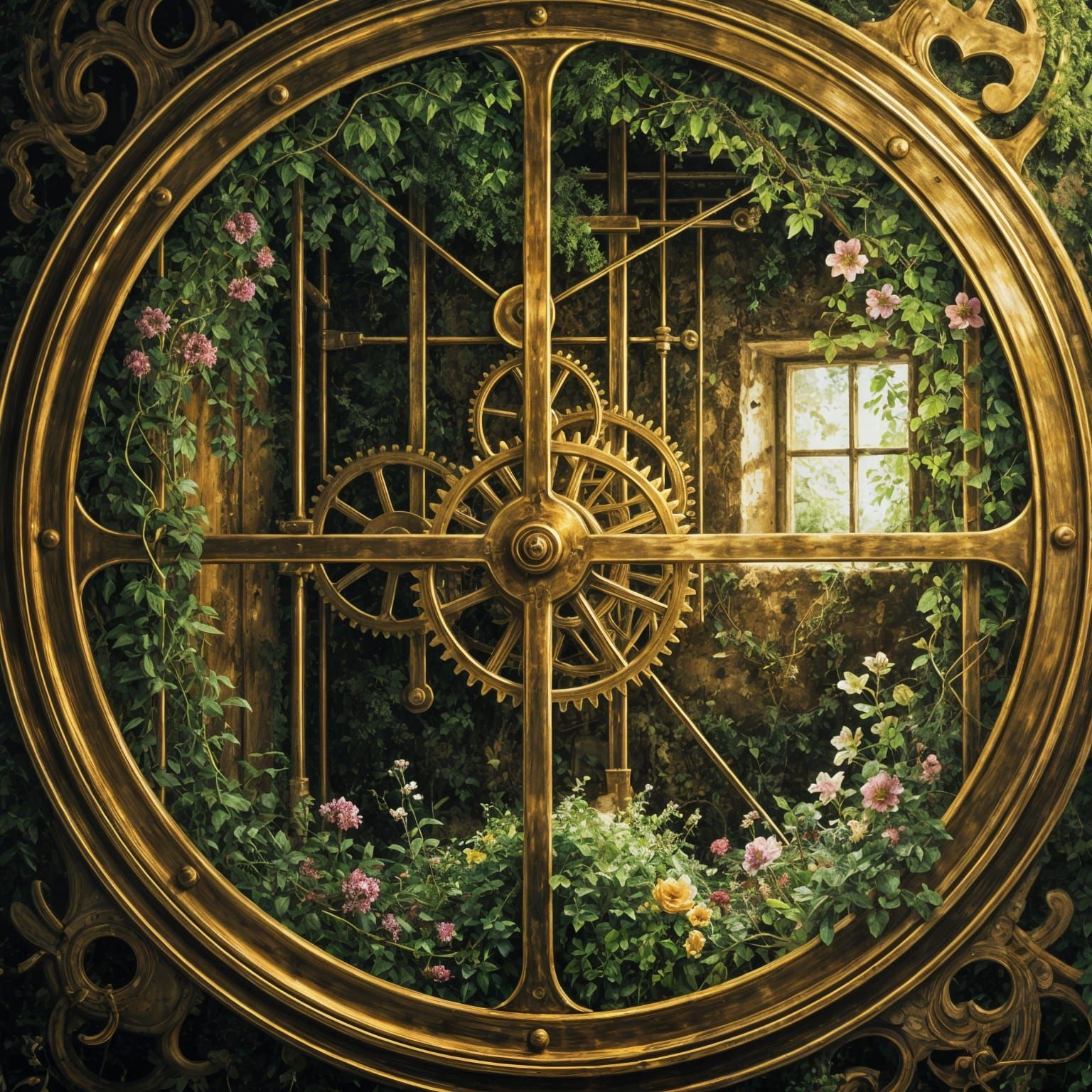 Impressionistic Brass Clock Interior with Lush Greenery