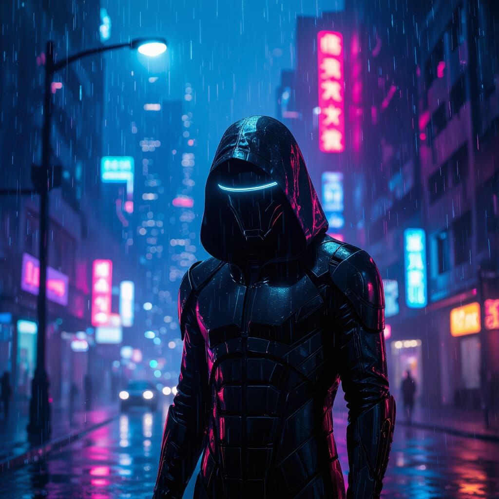 Futuristic Figure Under Neon Rain in Cyberpunk City