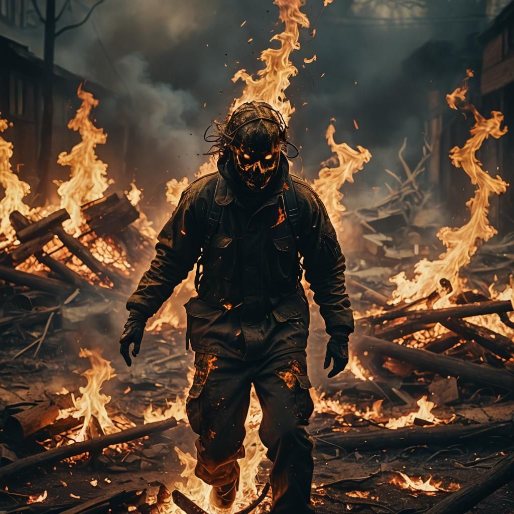 Fiery Figure in Post-Apocalyptic Landscape