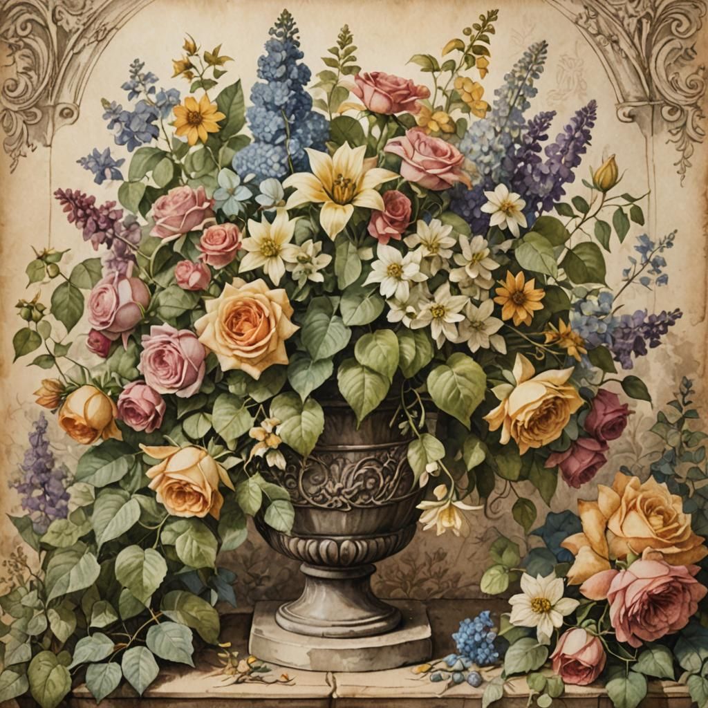 Antique Floral Still Life in Watercolor Wash Style