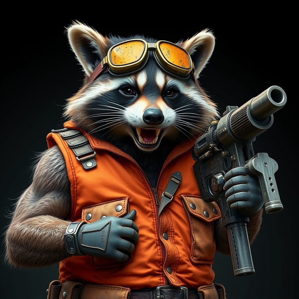 Hyper Realistic Raccoon in Orange Vest with Goggles and Gun