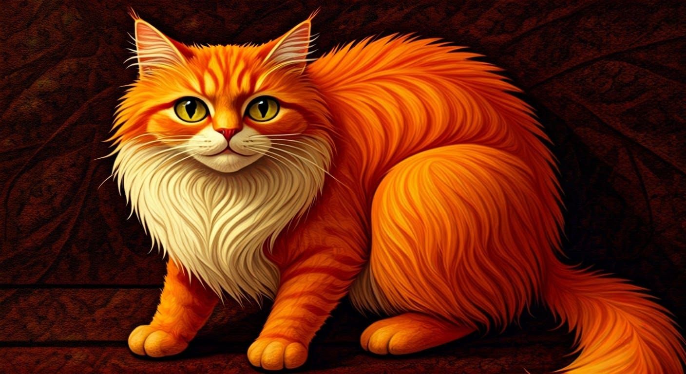 Red-Haired Cat with Fluffy Tail in Folk Art Style