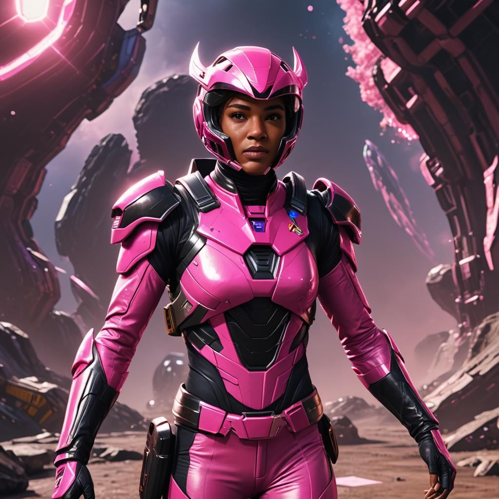 Black Space Ranger in Pink Suit: 3D Cinematic Render