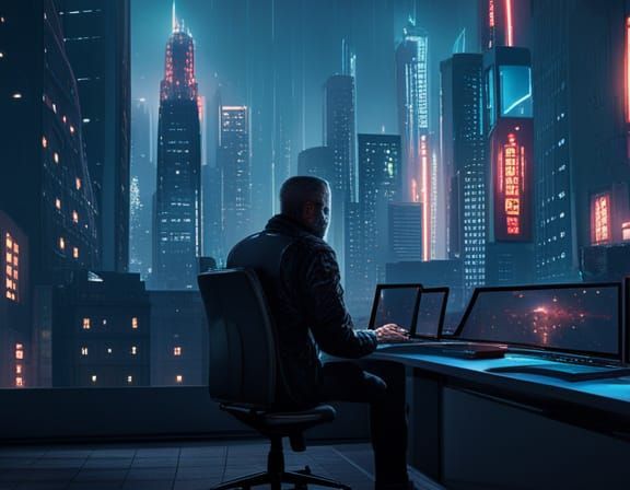 Cyberpunk Nightscape: Rain-Streaked Window in Neon City