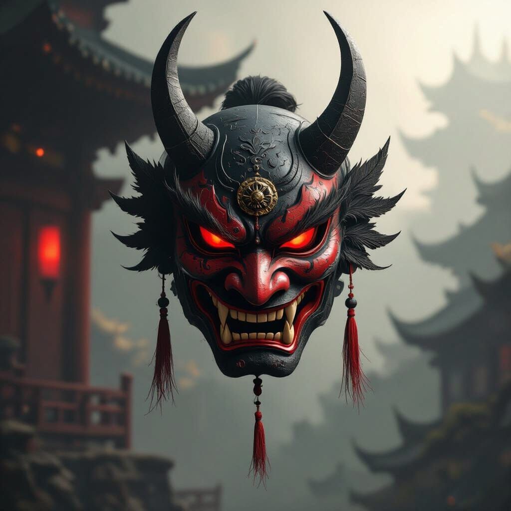 Fierce Warrior Hannya Mask in Crimson and Obsidian
