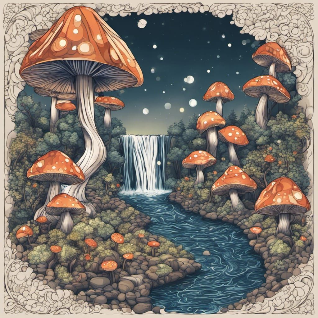 Enchanted Waterfall with Fairy Lights and Mushroom Path