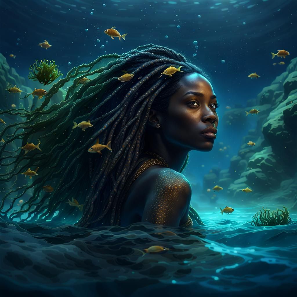 African Woman Swimming at Night: Fantasy Art