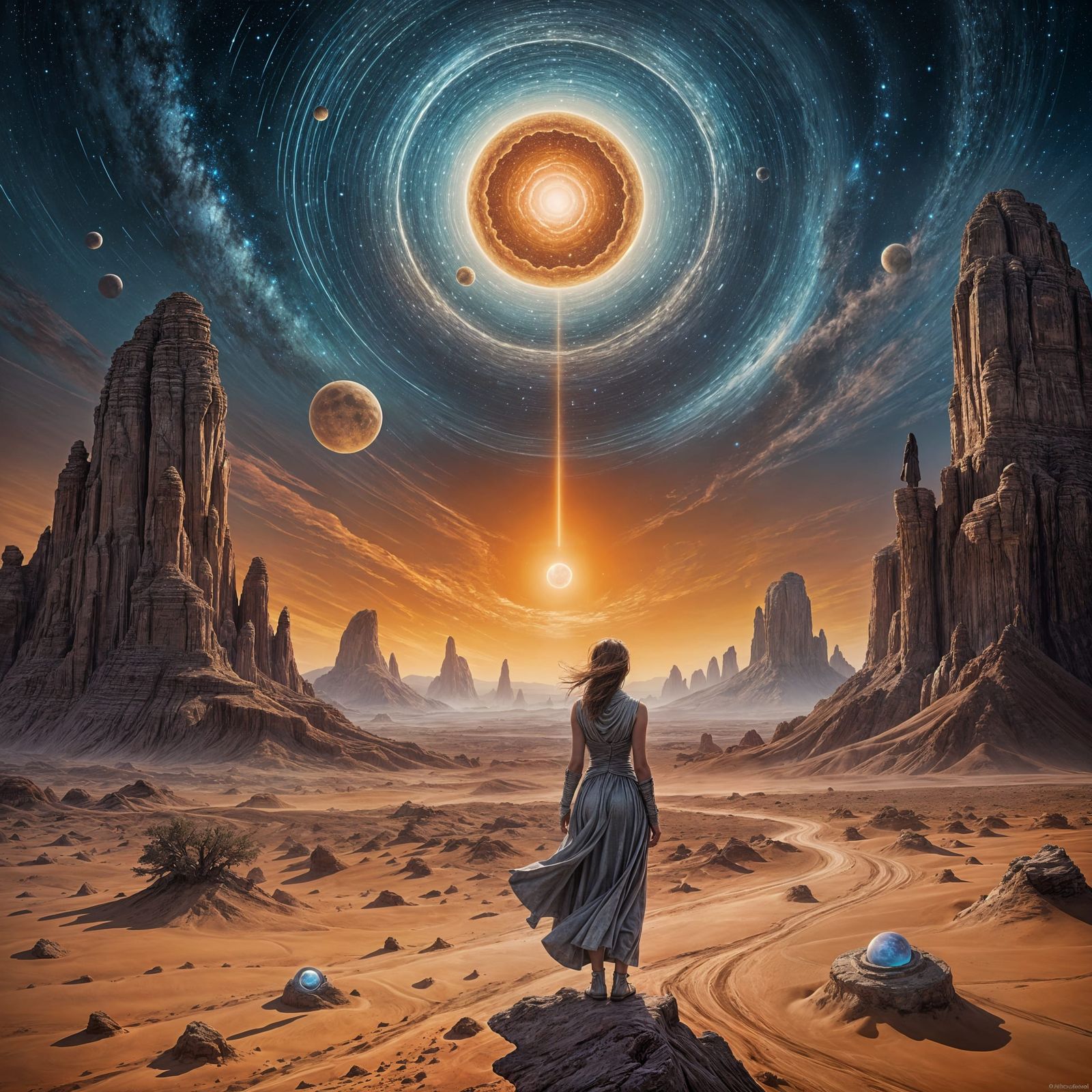 Woman in Alien Desert Under Twin Moons