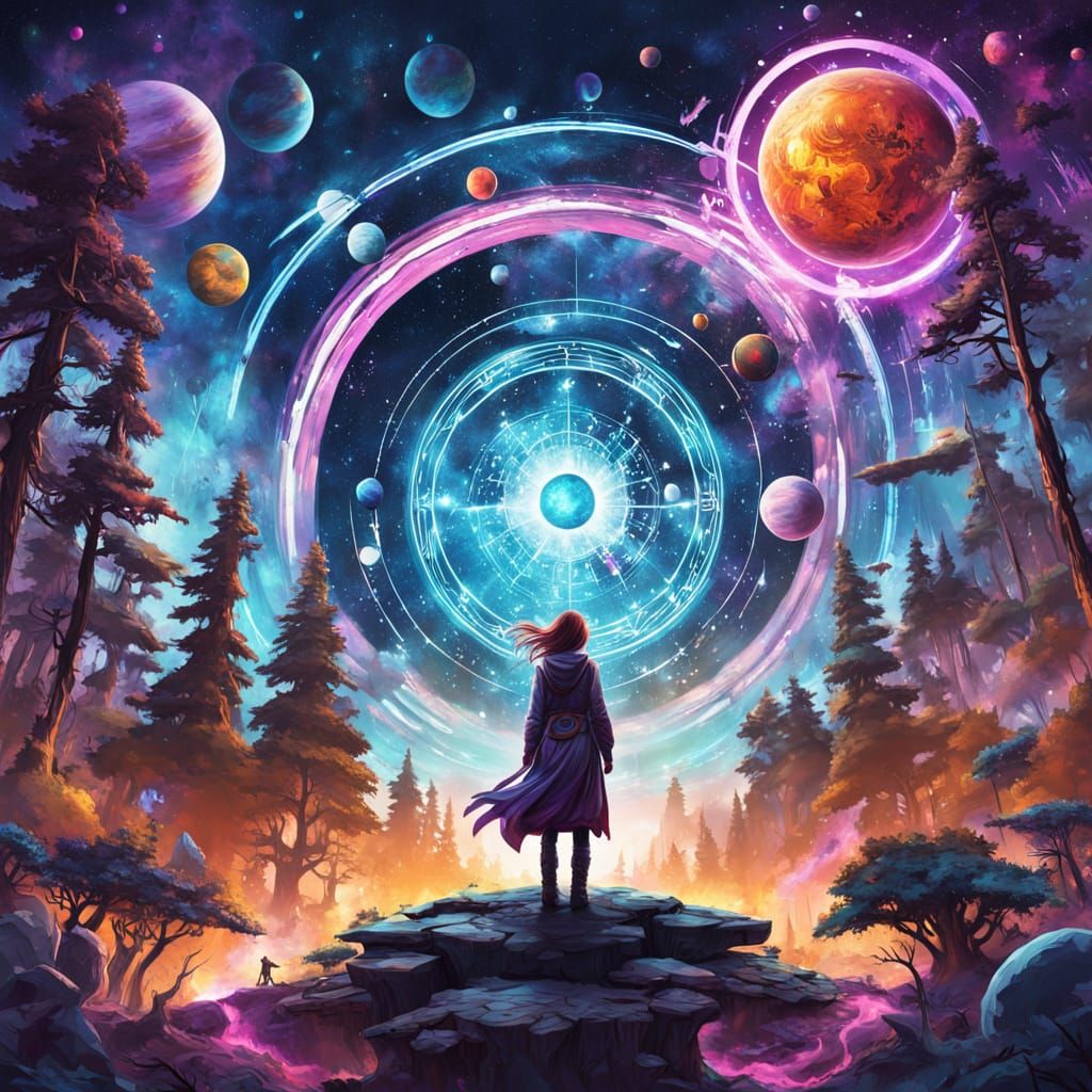 Mystical Shaman Goddess Stares into the Cosmic Night Sky