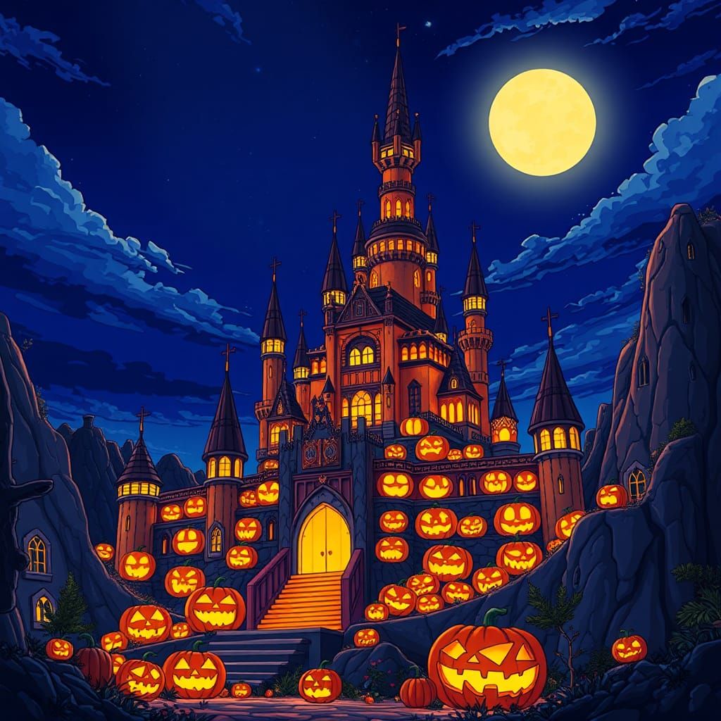 Glowing Pumpkin Castle in Anime Style