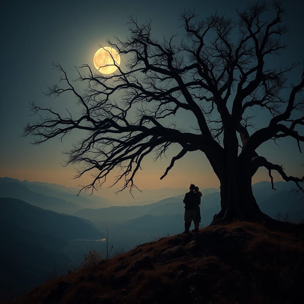 Ancient Tree Silhouette Under the Full Moon