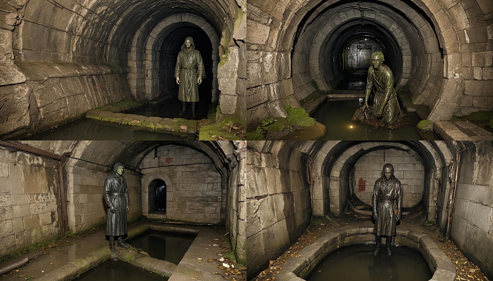 a statue of a man standing inside of a tunnel, creepy dungeo...