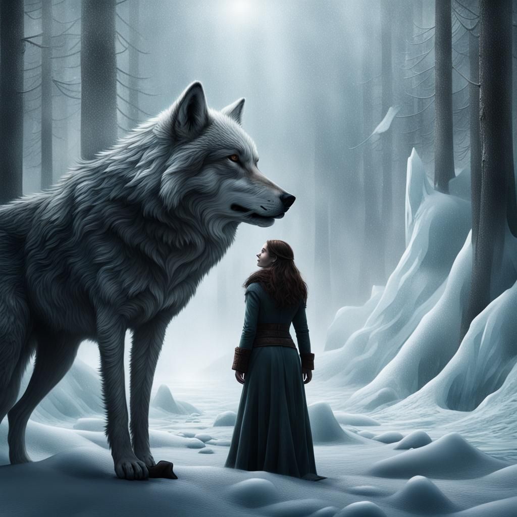 Wolf and Woman in Snowy Dark Wood