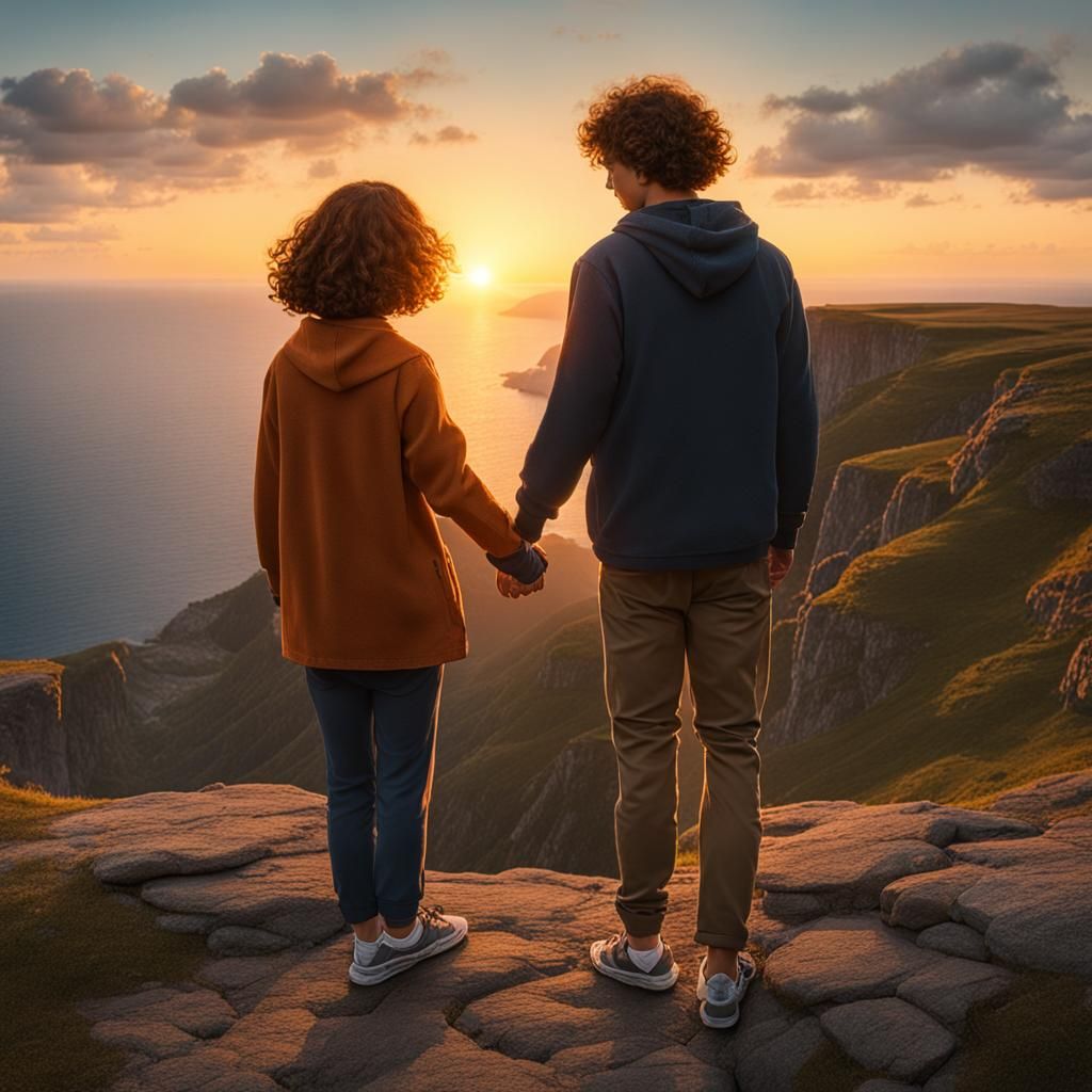 Couple Holding Hands at Sunset Cliffside View