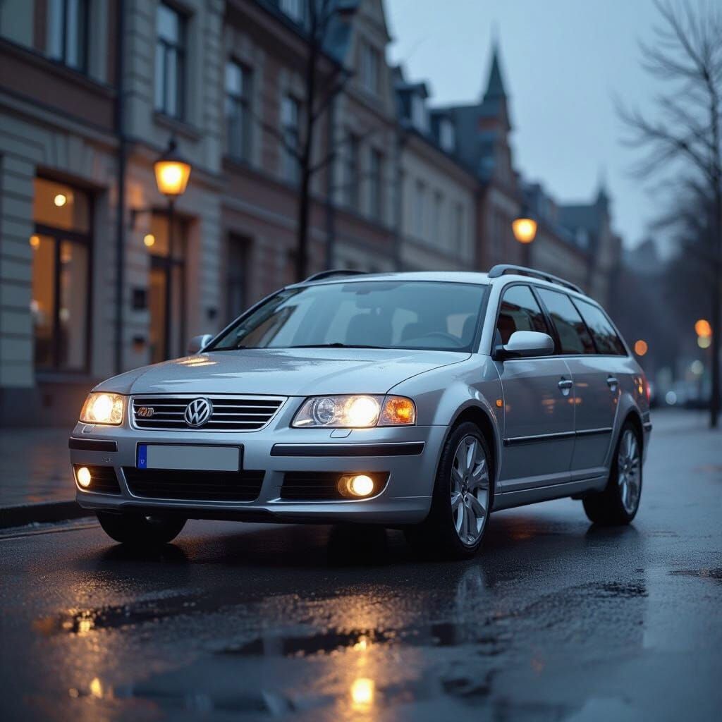 Silver Passat Wagon with Bi-Xenon Headlights on Wet Street