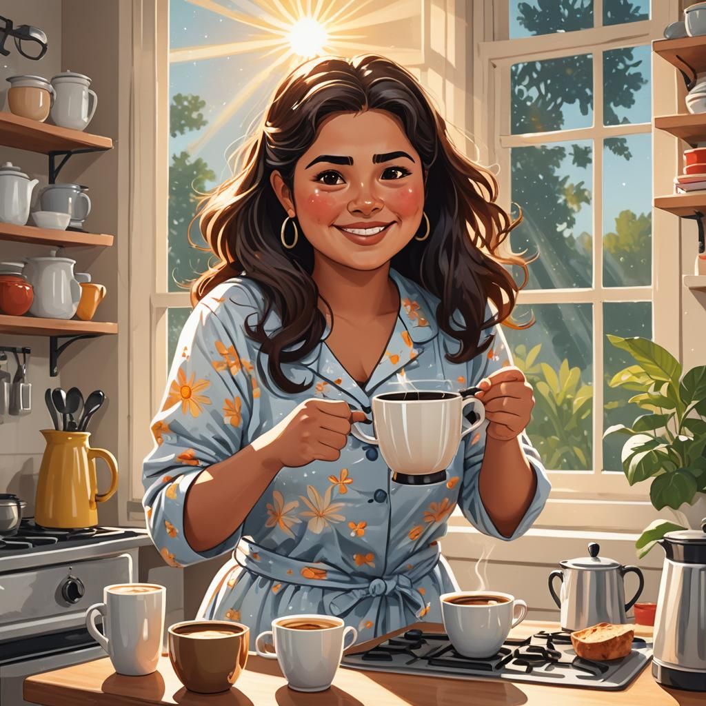 Cartoon Woman Making Coffee in Sunny Kitchen