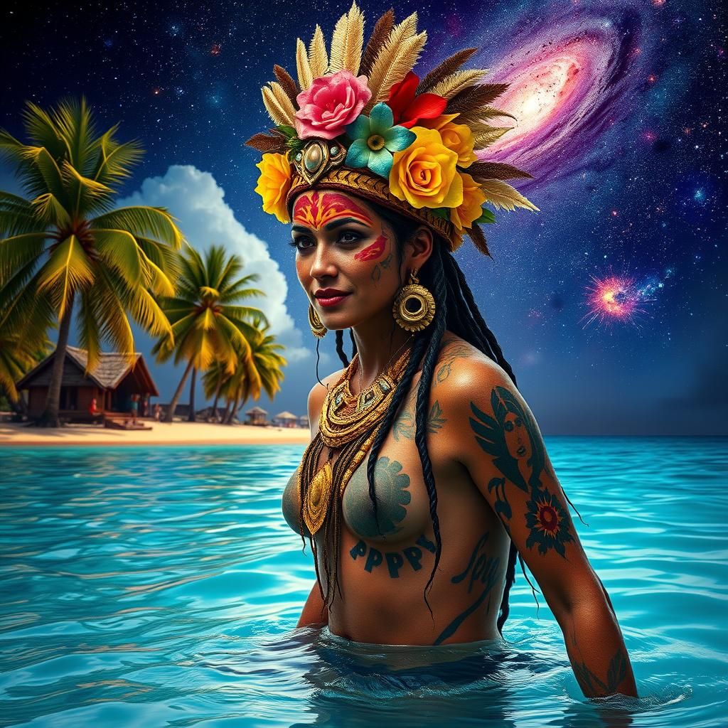 palm trees on a island with a night sky view of the galaxy o...