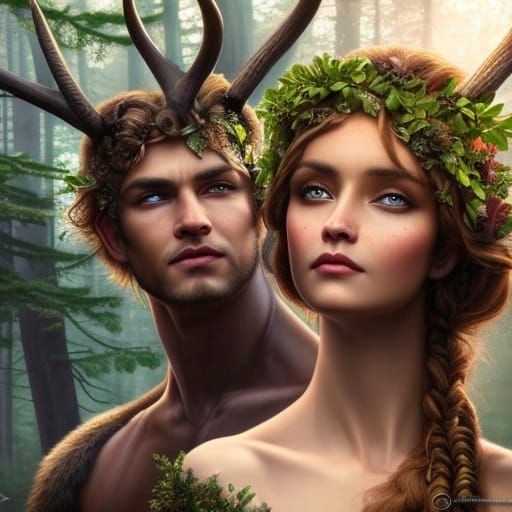 Faun and Nymph Lovers in Forest, Digital Art