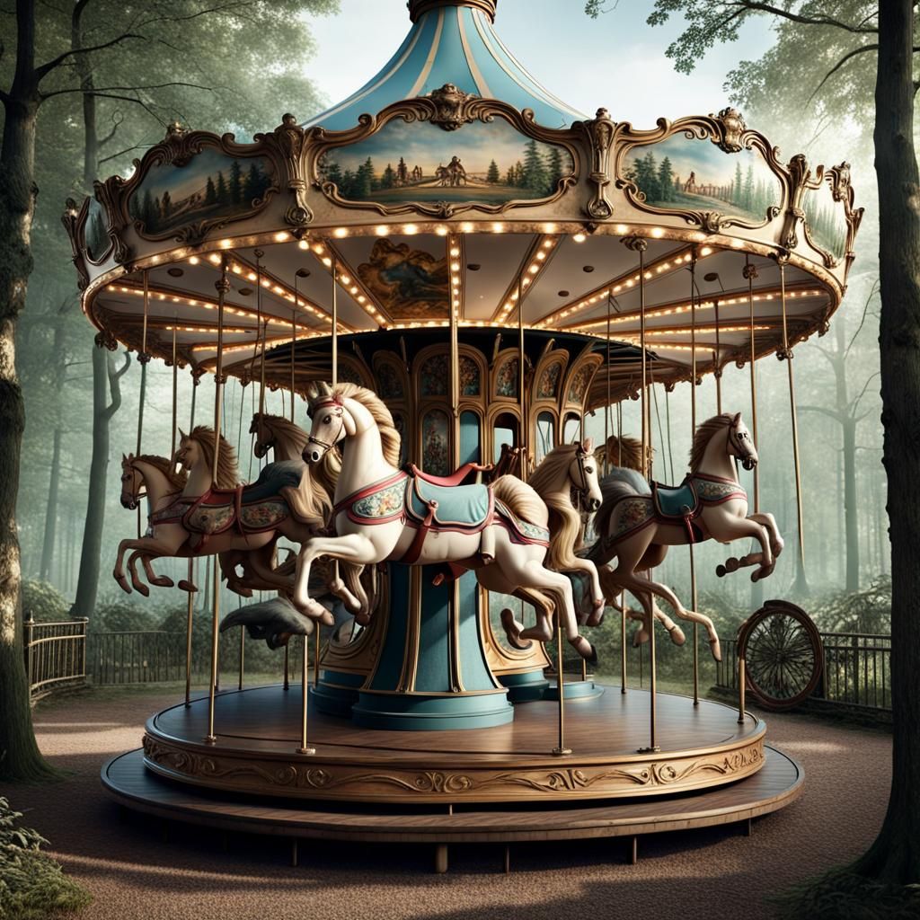 Mythological Carousel in Misty Forest, Hyperrealistic Image