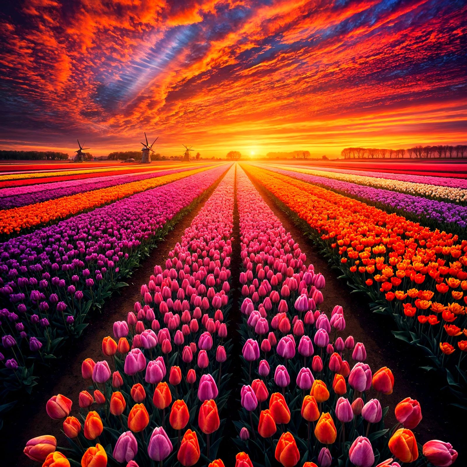 Tulip Fields in Vibrant Sunset Harmony