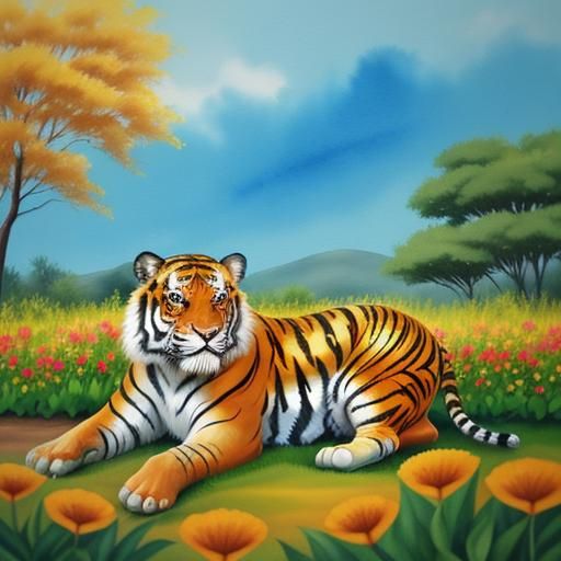 Baby Elephant and Tiger in Warm Watercolor Painting