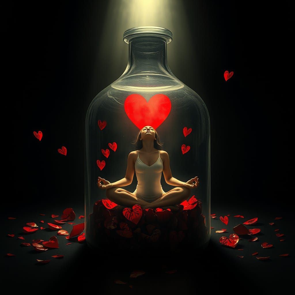 Woman Meditating Amidst Shattered Hearts in Glass Bottle